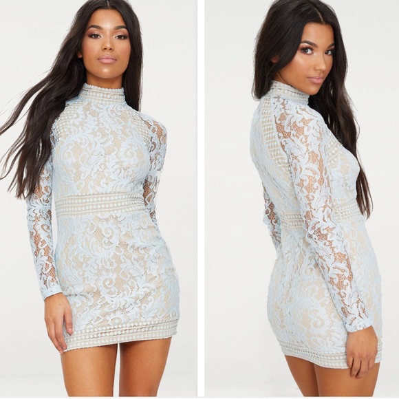 SOLD NWT$68 PrettyLittleThing Nude Baby Blue Lace Bodycon Dress - Picture 7 of 13